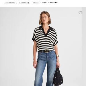Madewell Relaxed V-Neck Polo Shirt in Stripe Black and White Striped